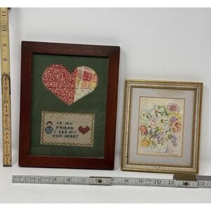 Vtg Framed Art Watercolor Cross Stitch Floral Heart Cottagecore Home Decor 90s